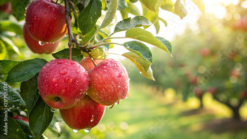 фотографія Fresh red apples with water drops hanging on a tree branch in an orchard
