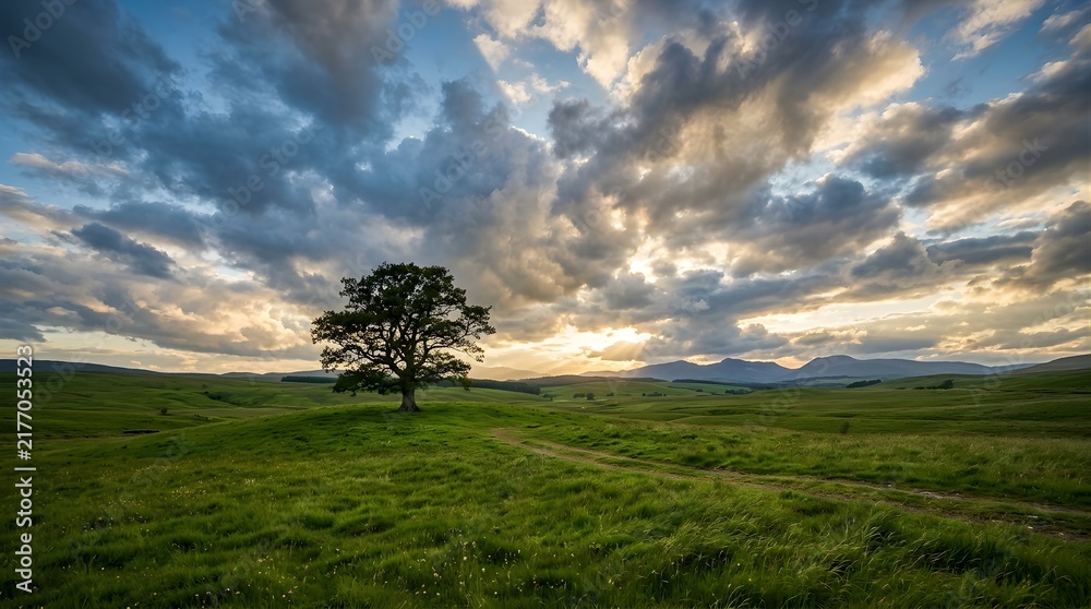 Obraz premium Solitary oak tree standing in a green meadow at sunset with cloudy sky