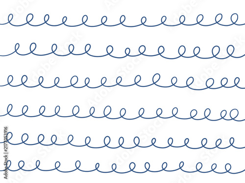 Continuous spiral loop pattern, hand drawn blue swirl line borders isolated on white background for design and decoration