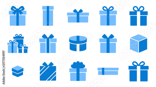 A collection of blue gift box icons featuring various shapes and ribbon styles for holiday celebrations and promotional event rewards