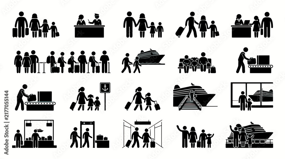 Fototapeta premium Harbour activities showing passenger travel and cruise terminal icon set for maritime tourism