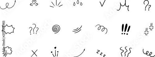 Abstract hand drawn symbols vector set, doodle emotion elements, arrows, checkmarks, hearts, speech bubbles isolated on white