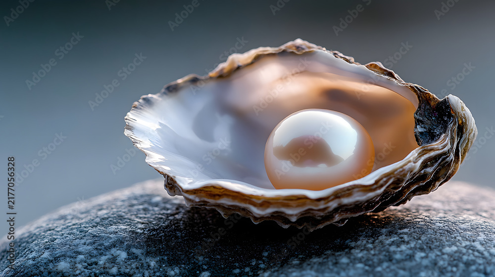 Obraz premium Open seashell with giant glowing pearl close up on dark background for magical fantasy fairytale illustrations.