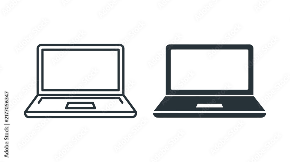 Fototapeta premium Minimalist vector laptop icons set featuring outline and solid black graphic styles for digital interface design