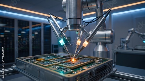 Automated Robotic Arm Working on Circuit Board in High-Tech Electronics Manufacturing Facility