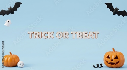 Trick or treat text surrounded by pumpkins bats and ghosts on a light blue background for halloween celebration