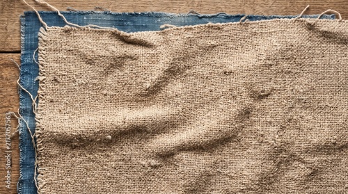 Textured coarse linen fabric over blue denim on wooden surface