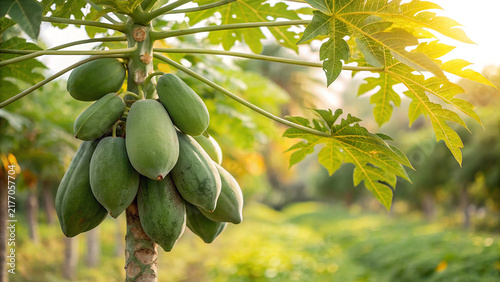 Принти на полотні Fresh green papaya fruits growing on a slender tree trunk in a tropical orchard
