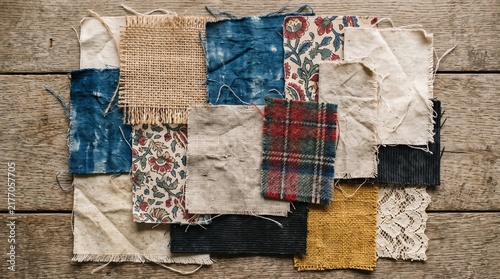 Rustic fabric swatches collage on wooden background
