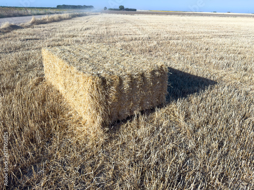 Large Rectangular Hay Bale in Harvested Wheat Field on Sunny Rural Farm Landscape