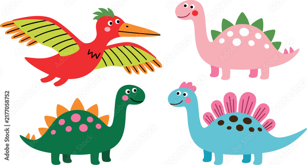 Obraz premium Cute Cartoon Dinosaurs Set, Kawaii Prehistoric Animals Pterodactyl Brachiosaurus Stegosaurus and Triceratops Vector Flat Symbols
