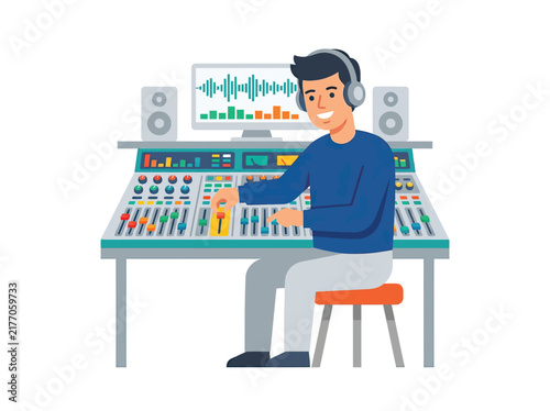 Man operating audio mixing console with headphones and sound equipment