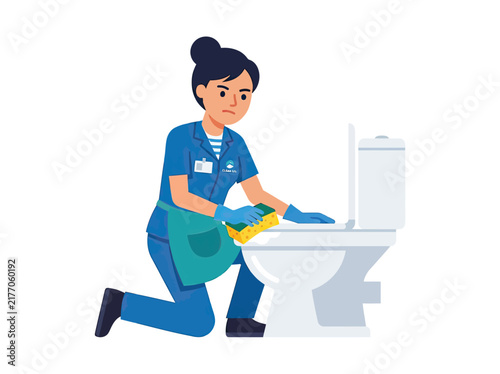 Woman cleaning toilet with sponge and gloves, wearing uniform, focused expression