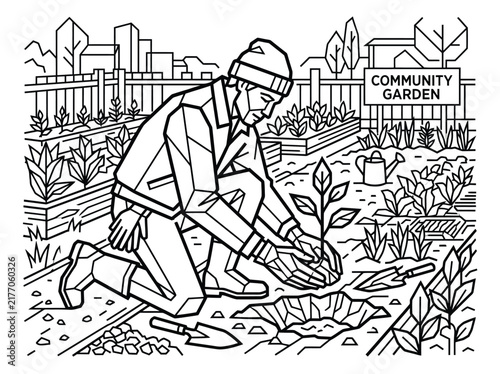 Person planting a seedling in a community garden with geometric line art style