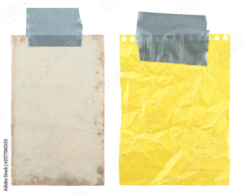 Set of an ancient blank paper sheet and a crumpled yellow notebook sheet attached with gray tape, isolated on transparent background. Paper collection for vintage, stationery and design concepts