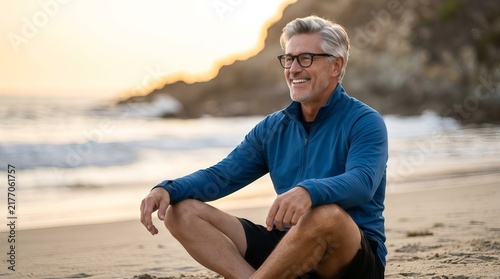 Obraz w ramie Relaxed mature man sitting on the beach