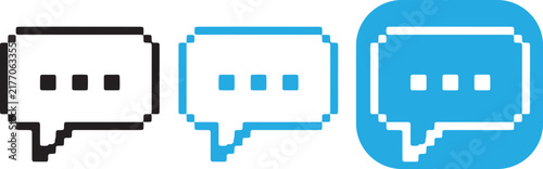 Set of pixel art speech bubble icons, digital chat message symbols, retro 8bit style notification signs, vector design elements for gaming and ui interfaces