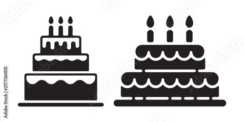 Tiered birthday cake silhouettes with candles for anniversary celebration or party invitation card.