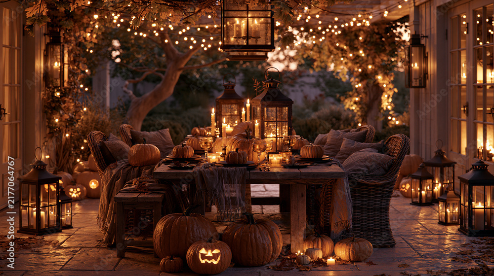 Fototapeta premium Rustic outdoor dining table set with glowing jack o lanterns and warm fairy lights on white background