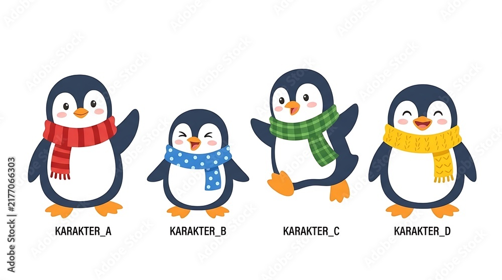 Fototapeta premium Cute cartoon penguins wearing colorful winter scarves set.