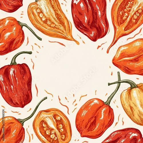 Habanero chili peppers forming spicy food frame