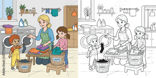 two siblings helping their mother sort clothes into separate laundry baskets educational cartoon print illustration vector clipart and line art colouring book for kids drawn hand drawn.