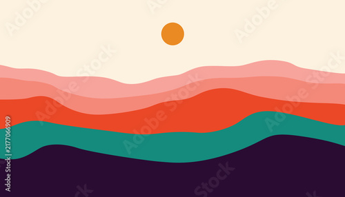 Abstract Layered Landscape with Colorful Rolling Hills and Minimal Sun.
