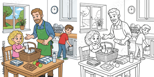 a young girl helping her father prepare a picnic basket by arranging cups educational cartoon print illustration vector clipart and line art colouring book for kids drawn hand drawn.