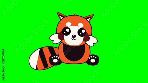 Cute animated red panda character sitting on vibrant green screen background
