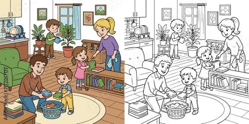 a warm family teamwork scene where several children help both parents tidy educational cartoon print illustration vector clipart and line art colouring book for kids drawn hand drawn.