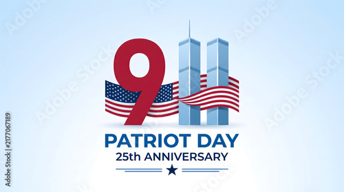 Patriot day 25th anniversary commemorative graphic featuring the twin towers silhouette and a waving american flag design on a light blue background for