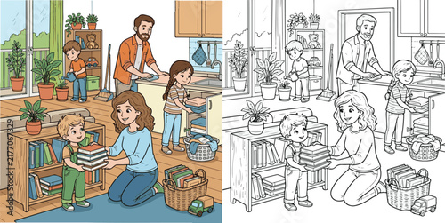 children helping parents at home educational cartoon print illustration vector clipart and line art colouring book for kids drawn hand drawn.