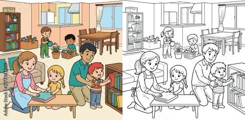 children helping parents at home educational cartoon print illustration vector clipart and line art colouring book for kids drawn hand drawn.
