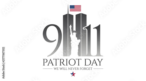 Patriot day memorial graphic featuring the twin towers silhouette and the statue of liberty to commemorate the september eleventh terrorist attacks in new