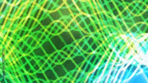Abstract Digital Animation of Intersecting Green and Yellow DNA-Like Wave Strands.