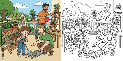 boy and father cleaning balcony educational cartoon print illustration vector clipart and line art colouring book for kids drawn hand drawn.