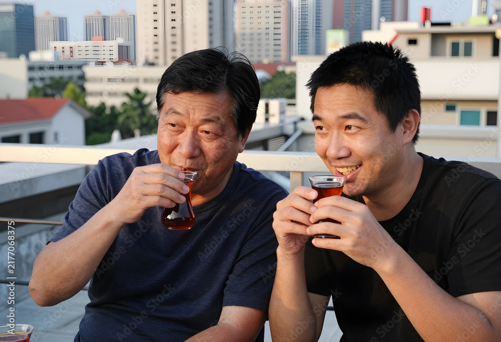 Obraz premium Intergenerational bonding and family connection, senior father and adult son drinking tea together on an urban rooftop terrace at sunset