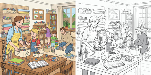 two children helping their father decorate the family home by carrying safe educational cartoon print illustration vector clipart and line art colouring book for kids drawn hand drawn.
