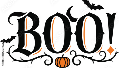 Fotografie Decorative boo typography with carved pumpkin and flying bats for seasonal
