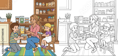 children helping mother prepare food in the kitchen educational cartoon print illustration vector clipart and line art colouring book for kids drawn hand drawn.