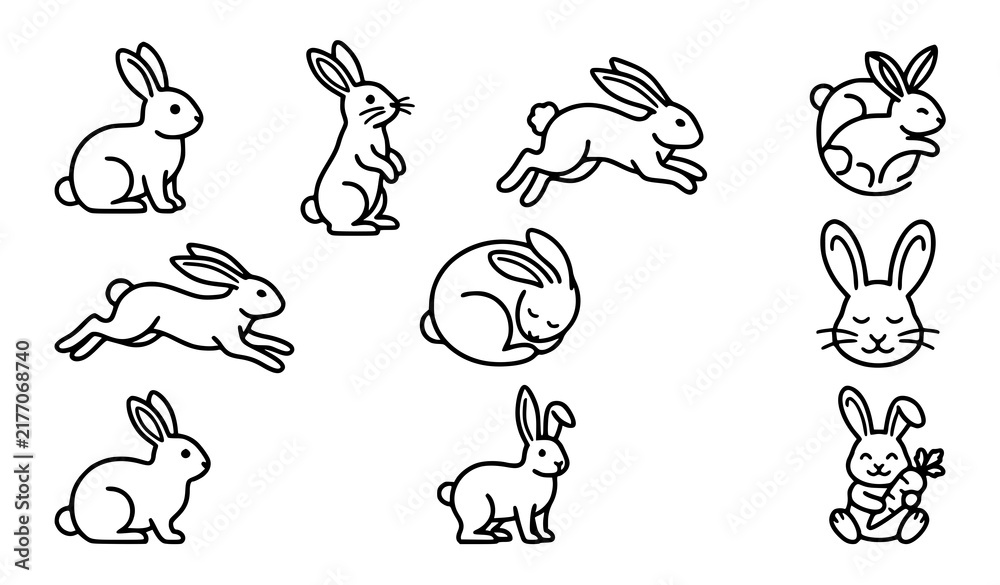 Fototapeta premium Adorable Rabbit Bunny Monoline Black Outline Vector Icon Collection