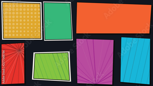 Blank Comic Book Strip Layout with Pop Art Halftone Radial Lines and Striped Frames Vector Background
