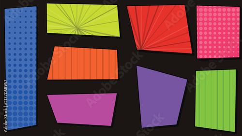 Comic Book Strip Layout Template with Pop Art Halftone Dots Sunburst and Striped Frames Vector