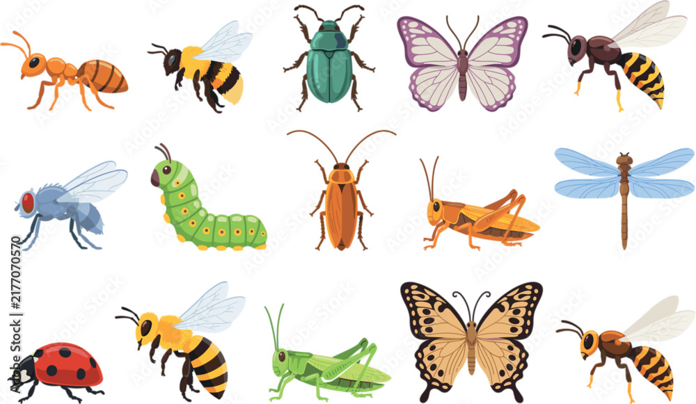Obraz premium Insects And Bugs Vector Illustration Set Featuring Colorful Cartoon Icons Of Butterfly Bee Beetle Grasshopper Caterpillar And Wasp