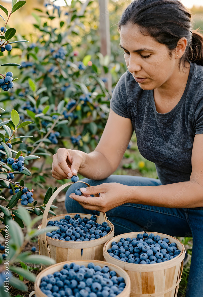 Obraz premium Sustainable agriculture and organic farming, woman harvesting fresh blueberries in a field for local food production and healthy nutrition lifestyle