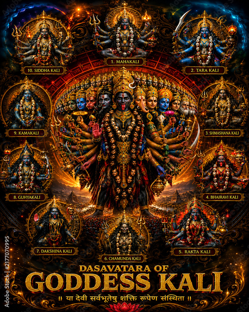 Fototapeta premium Goddess Kali Dasavatara – Divine Ten Forms of Kali in a Sacred Yantra