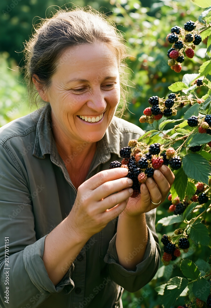 Obraz premium Sustainable agriculture and organic farming, happy mature woman harvesting fresh blackberries in a sunny garden for healthy food and local produce