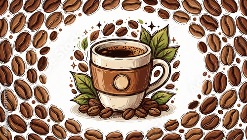 Charming hand-drawn illustration of a hot coffee mug surrounded by roasted coffee beans and green leaves. Perfect for cafe menu design