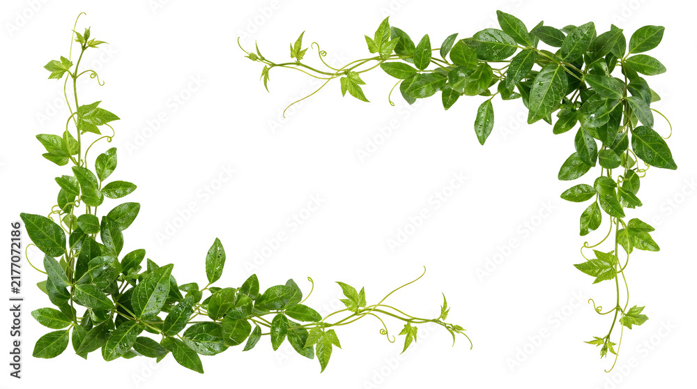 Obraz premium green vine frame with water drops on transparent.