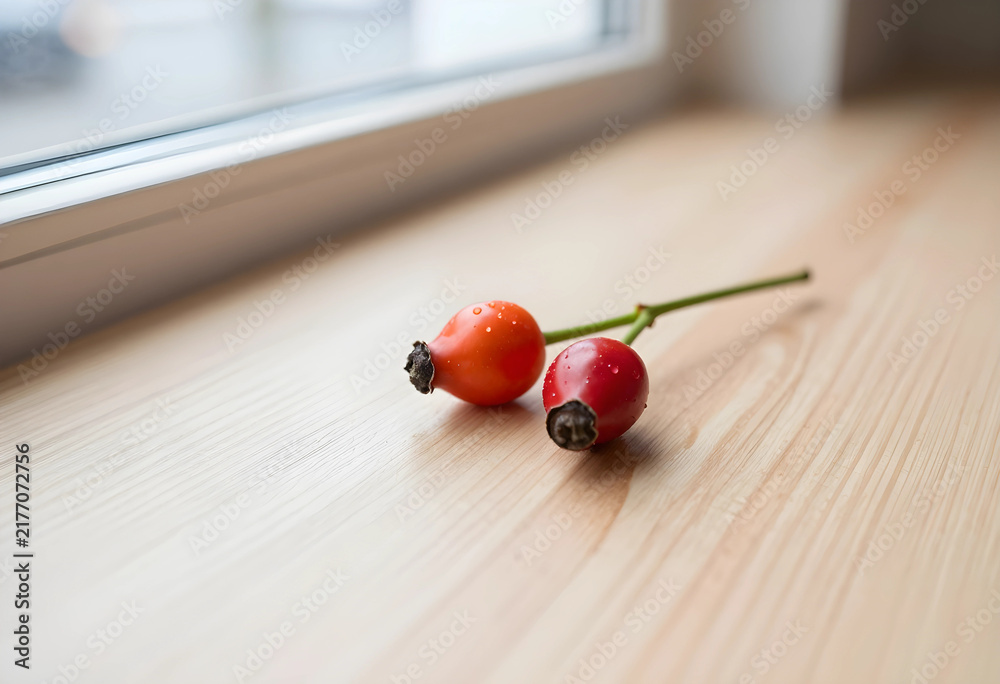 Obraz premium Natural wellness and organic skincare, rosehip berries with water droplets on a wooden windowsill for herbal medicine and holistic health supplement